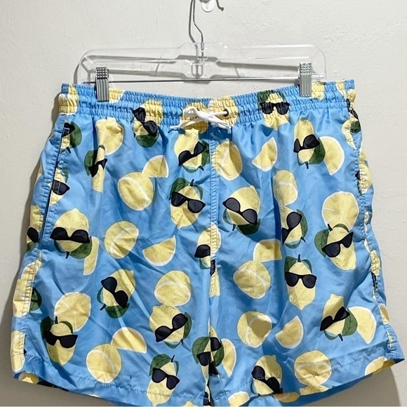 TRUNKS SURF & SWIM Men’s Blue Novelty Lemon Print Mesh Lined Swim Trunks Size XL - Picture 3 of 6